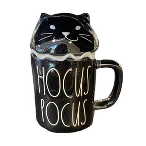 Rae Dunn Magenta Halloween Hocus Pocus Black Coffee Mug w/ Cat Head Topper Lid